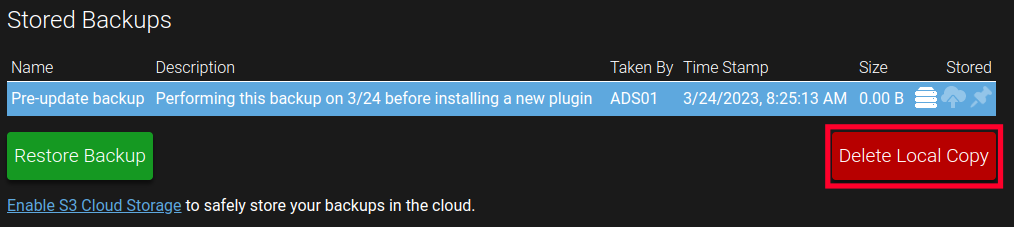 Delete Local Copy button next to a selected backup in the Stored Backups list of the AMP game panel