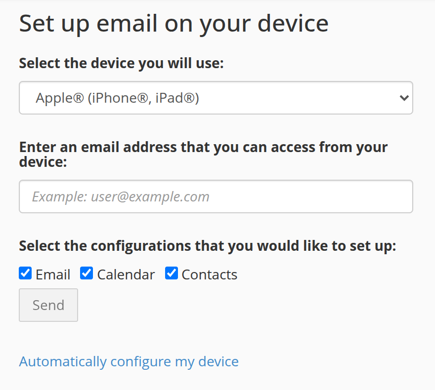 Webmail home page Set up email on your device panel with device selection and a Send button