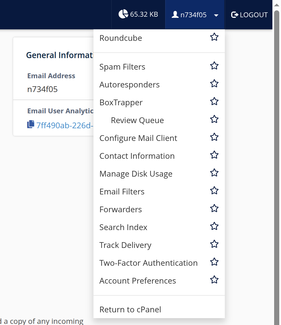 Webmail account menu open, showing the Configure Mail Client option