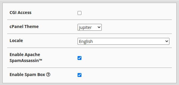 WHM cPanel Theme menu on a cPanel 138 server, shown on the Create a New Account form
