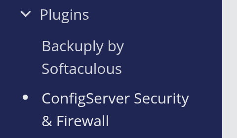 WHM left menu showing ConfigServer Security & Firewall under Plugins
