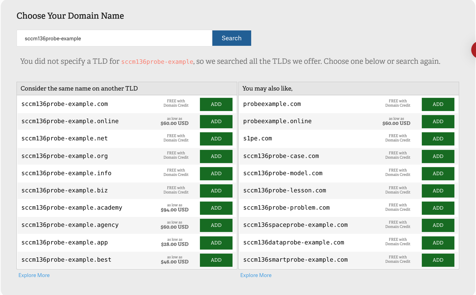 Domain search results showing alternative TLDs and suggestions in AMP
