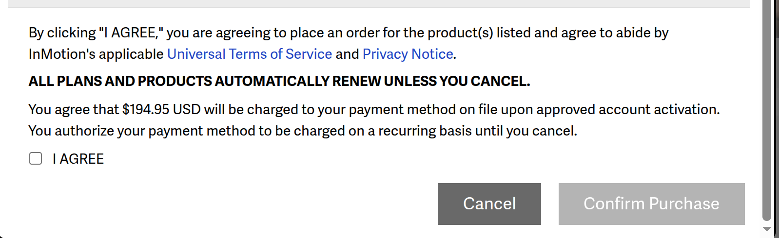 I AGREE checkbox with the Cancel and Confirm Purchase buttons in the AMP Purchase Domain window