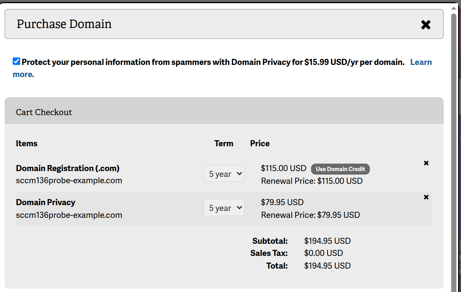 Purchase Domain window in AMP with the Domain Privacy checkbox, term dropdowns, prices, and Use Domain Credit button