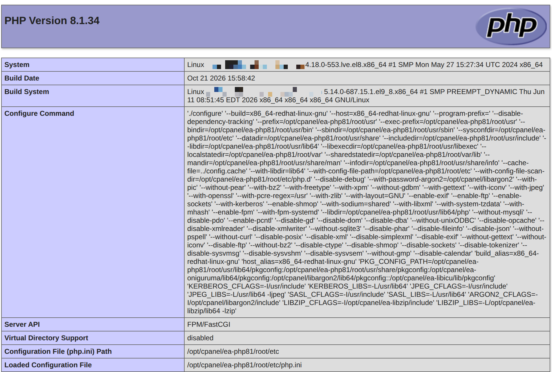 phpinfo page showing the PHP Version 8.1.34 header and the Loaded Configuration File row