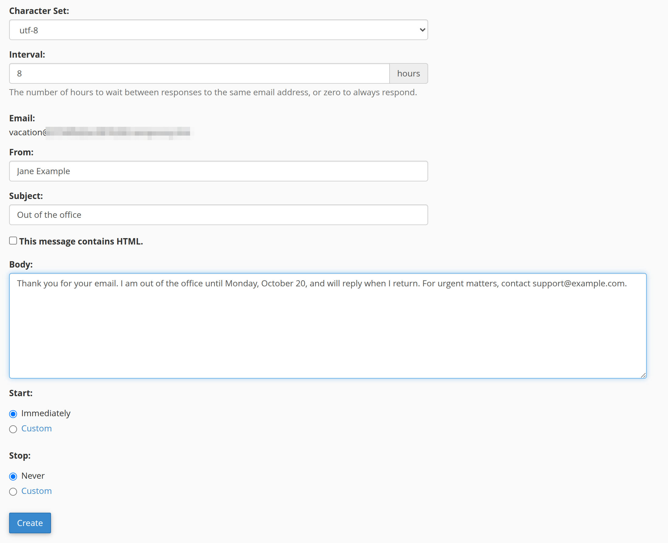 Add Autoresponder form filled in to create an autoresponder in Webmail with interval, from, subject, and body