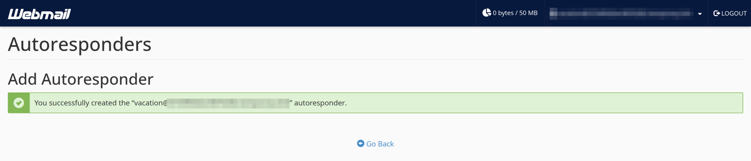 Green banner confirming the autoresponder was created successfully