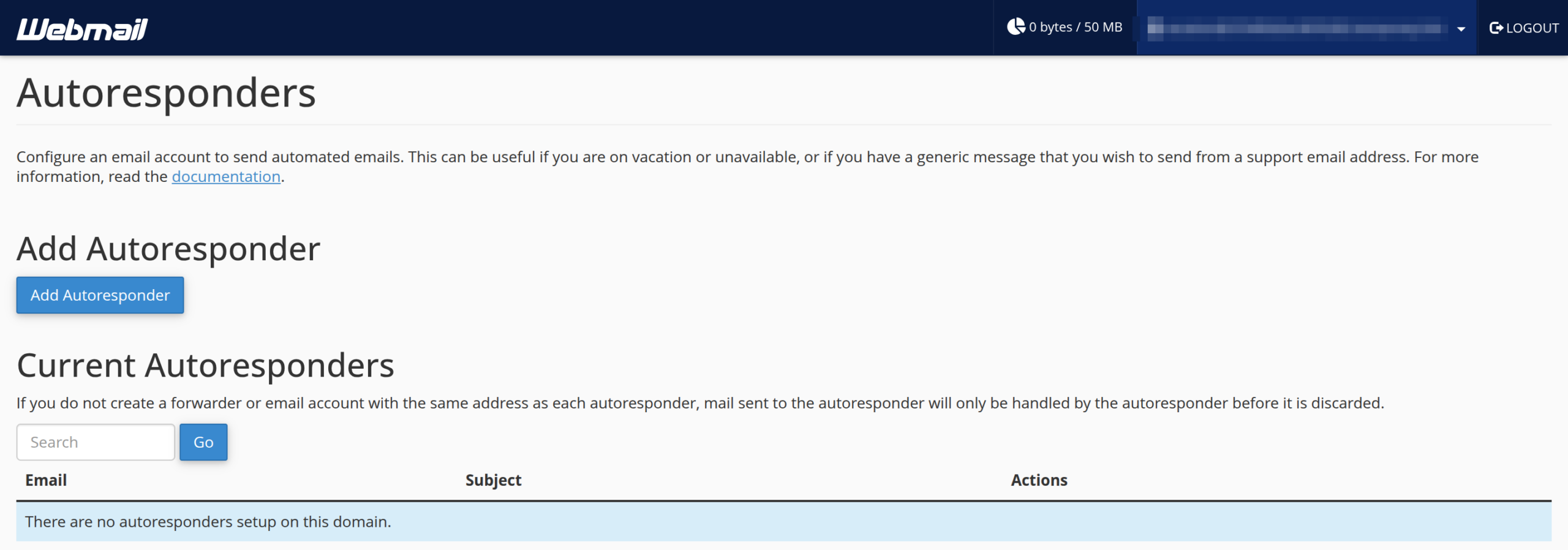 Webmail Autoresponders page with the Add Autoresponder button and an empty Current Autoresponders list