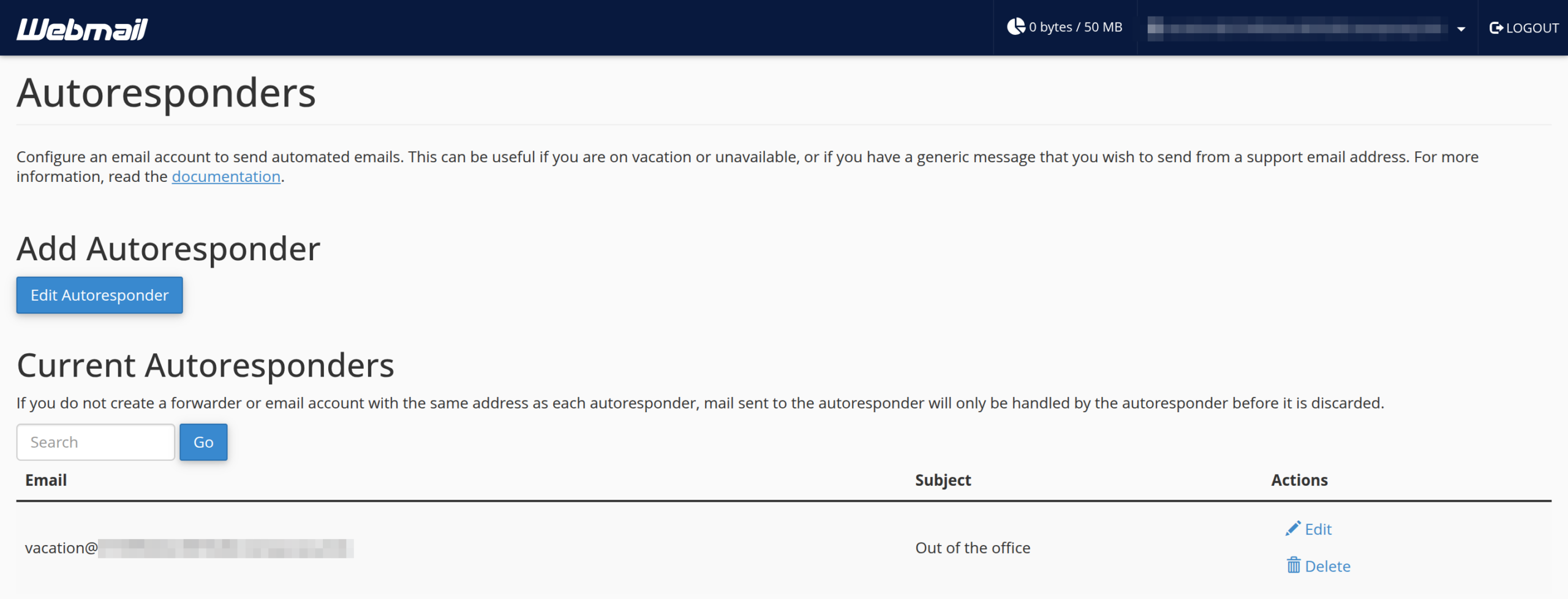 Current Autoresponders table with Edit and Delete actions on the row