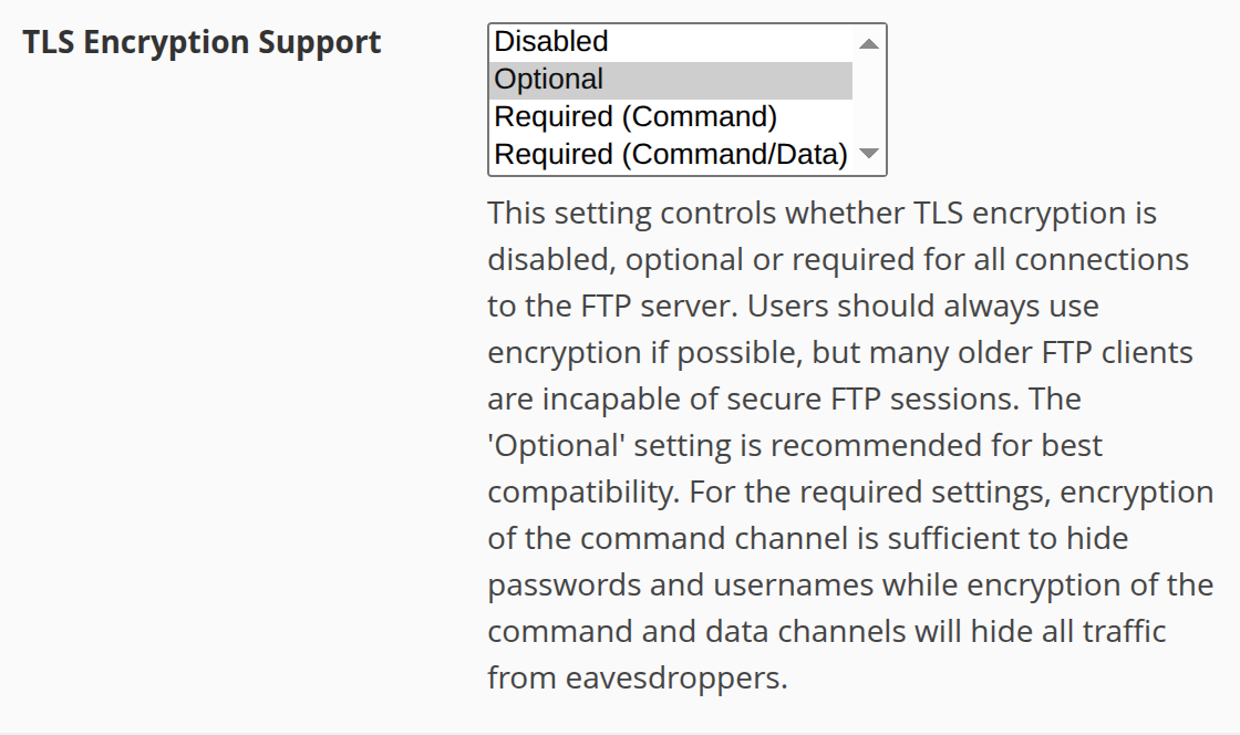 WHM FTP Server Configuration TLS Encryption Support drop-down showing Disabled, Optional, Required (Command), and Required (Command/Data)