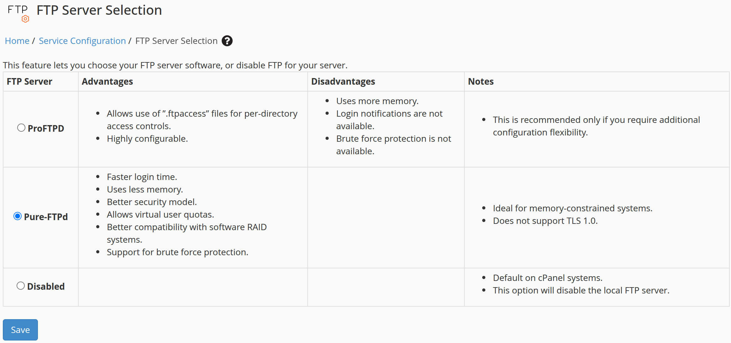 WHM FTP Server Selection page with ProFTPD, Pure-FTPd, and Disabled options and the Save button