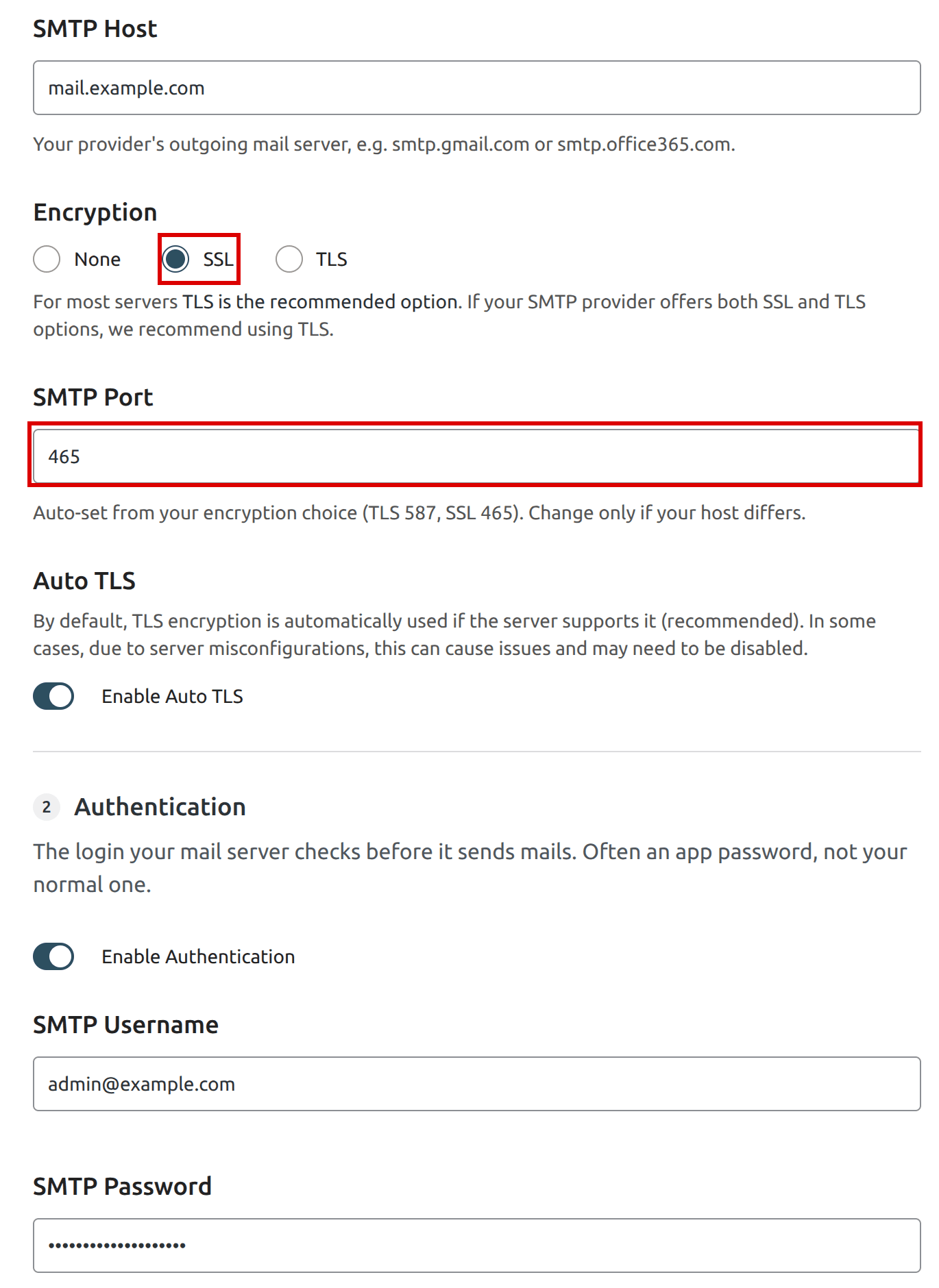 WP Mail SMTP mail server settings with Encryption set to SSL and SMTP Port set to 465