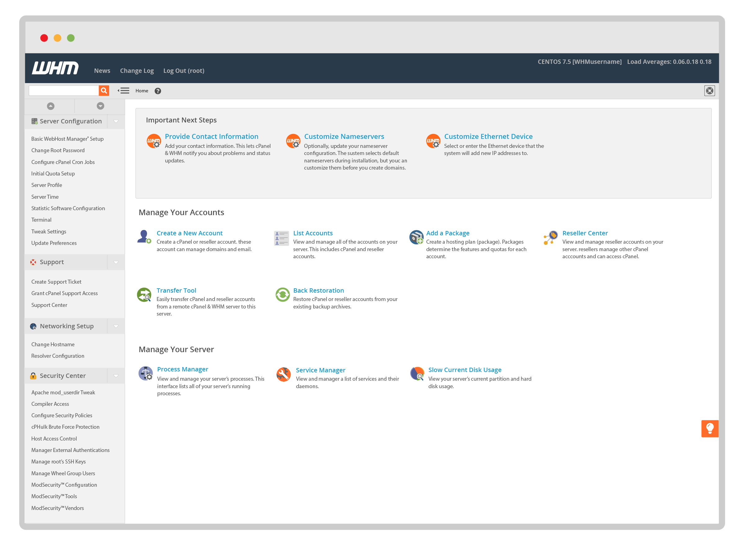 Screenshot of the WHM Dashboard