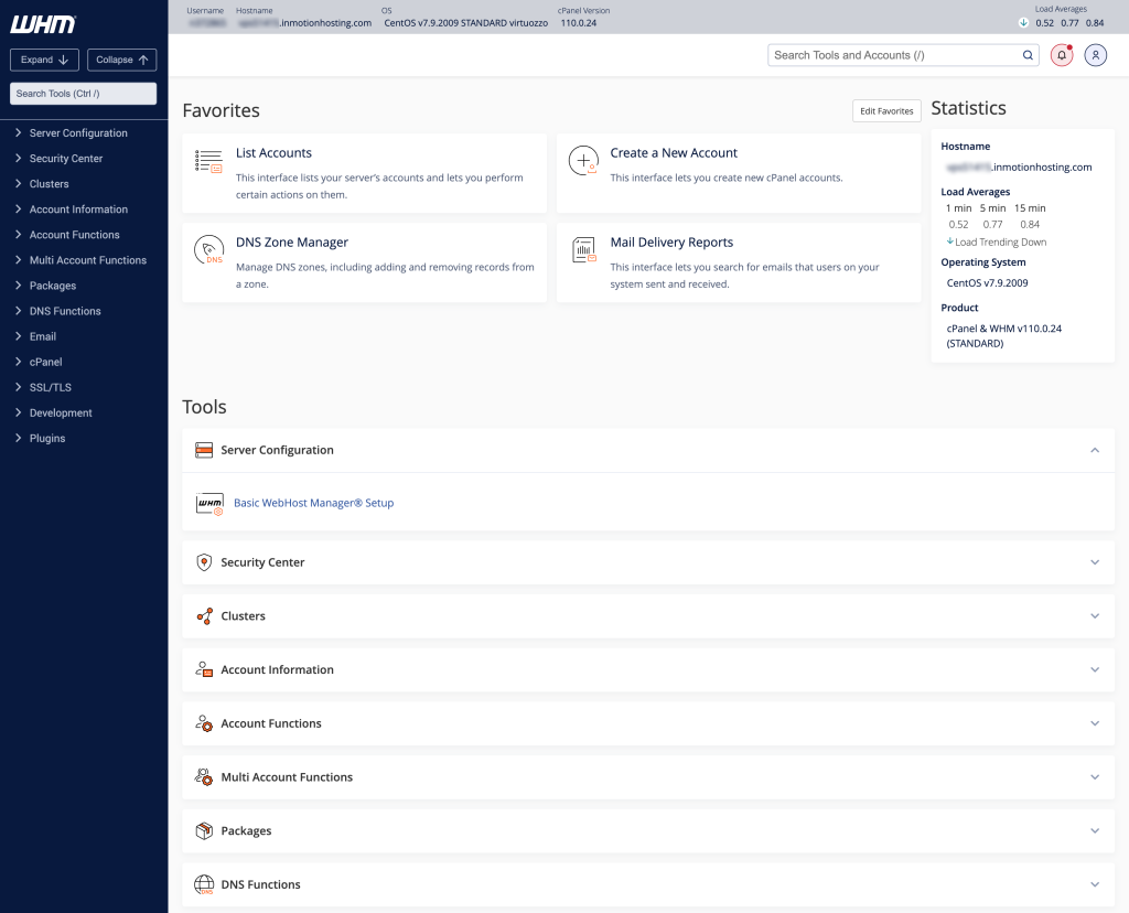 Screenshot of the WHM Dashboard