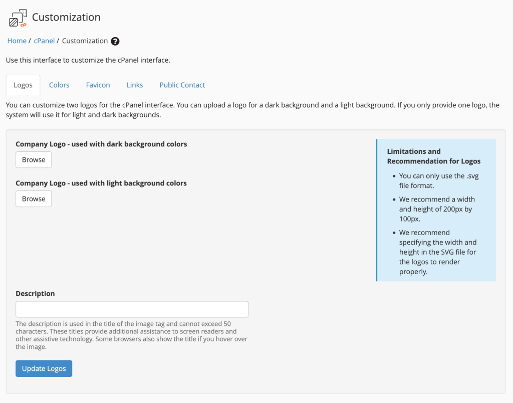 Interface to customize white label branding in cPanel and WHM.